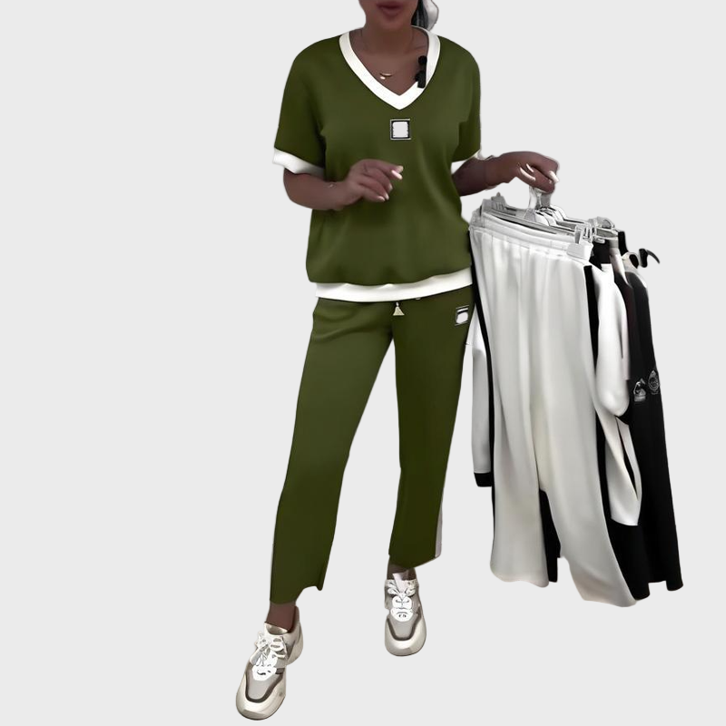 Ženski Set S Topom I Hlačama S V Izrezom Bež Bijele Pruge