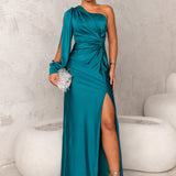 Melyssa Elegantna Jednoredna Večernja Maxi Haljina Sa Sjajnom Fluidnom Tkaninom I Drapiranom Siluetom