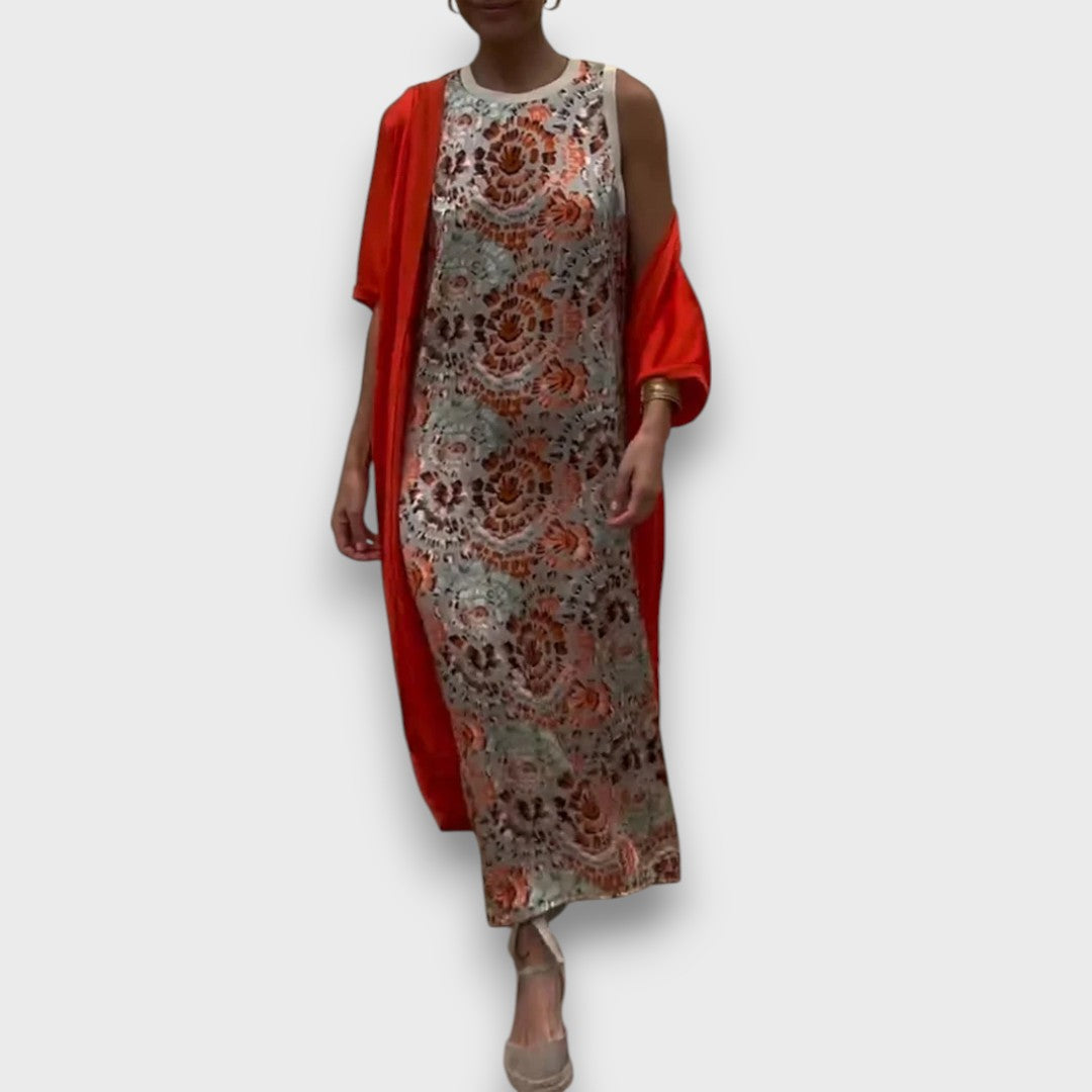 Maxi Haljina s Kardiganom Cvjetnim Uzorkom Zračnom Tkaninom