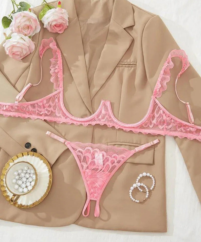 Conjunto De Lencería Sexy De Encaje Con Tirantes Ajustables Y Sostén Push Up Para Un Escote Irresistible - Hala Madrid