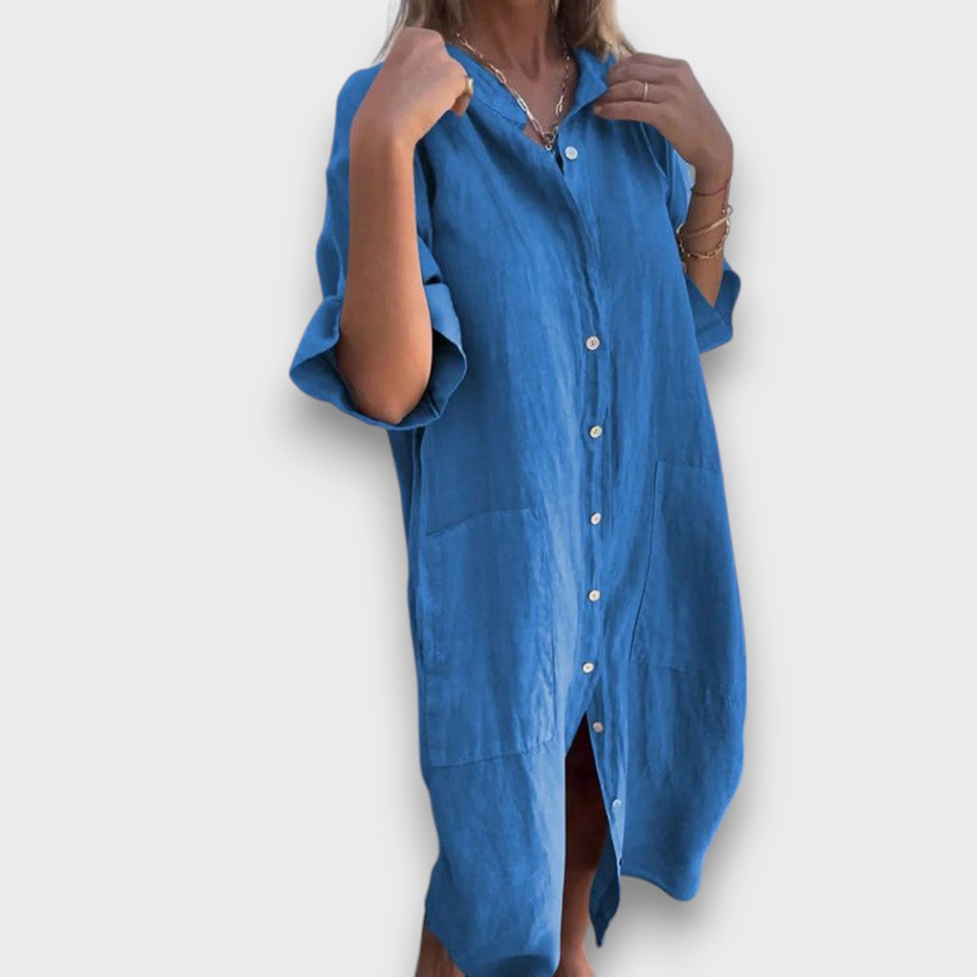 Lagana Lanena Košuljasta Haljina Sa Gumbima I Džepovima