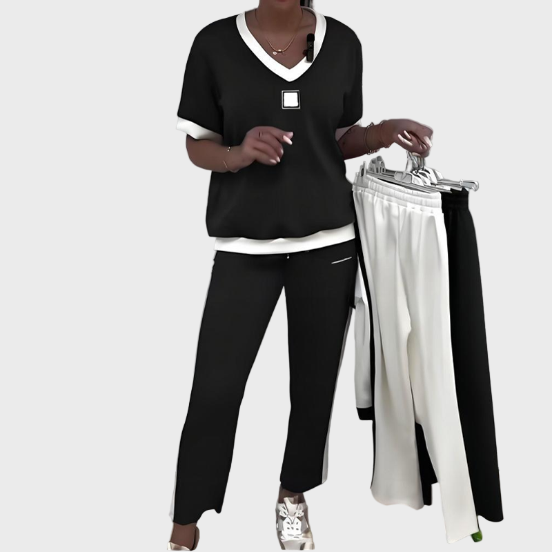 Ženski Set S Topom I Hlačama S V Izrezom Bež Bijele Pruge