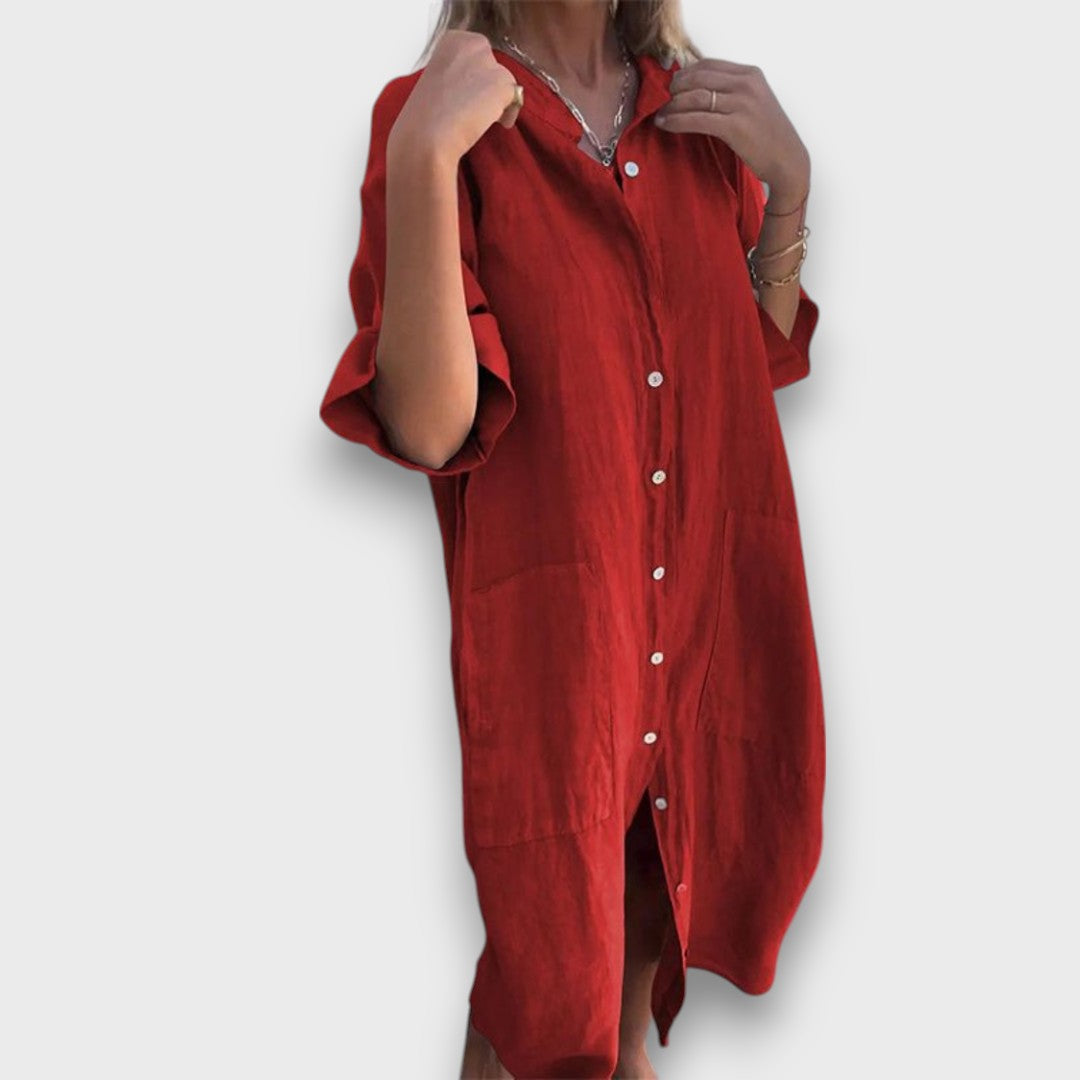 Lagana Lanena Košuljasta Haljina Sa Gumbima I Džepovima