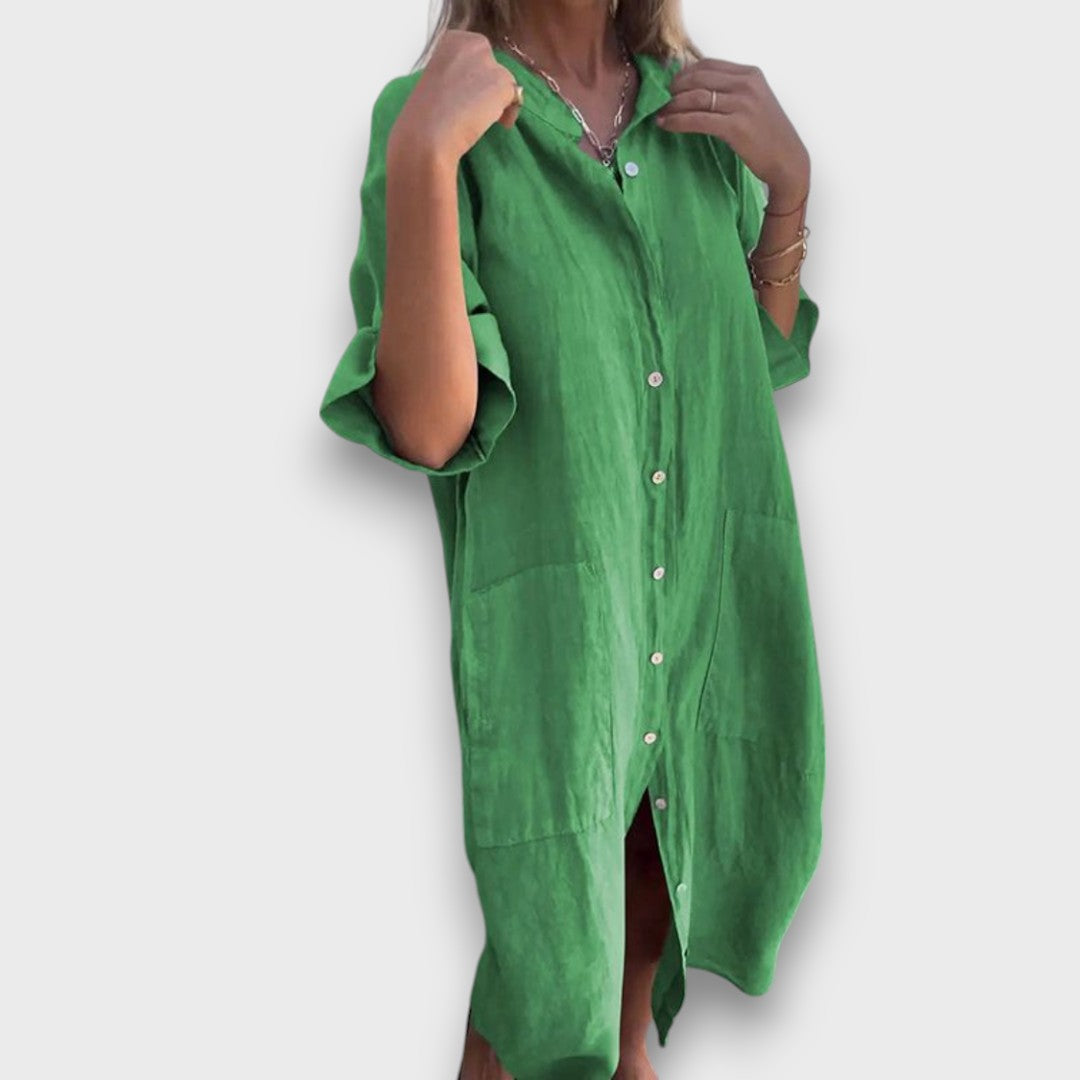 Lagana Lanena Košuljasta Haljina Sa Gumbima I Džepovima