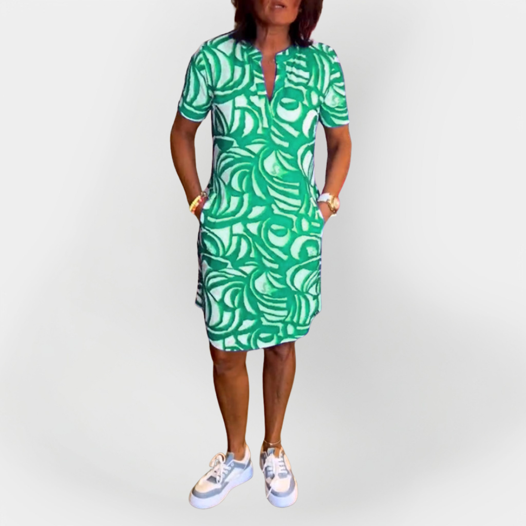 Midi Haljina Sa Uzorkom I Kratkim Rukavima Za Dnevne Prilike