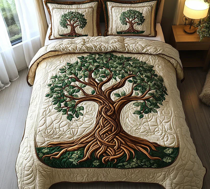 3 Piece Quilted Bedding Set – Tree Of Life