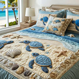 3 Piece Quilted Bed Linen Set - Ocean Waves