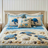 3 Piece Quilted Bed Linen Set - Ocean Waves