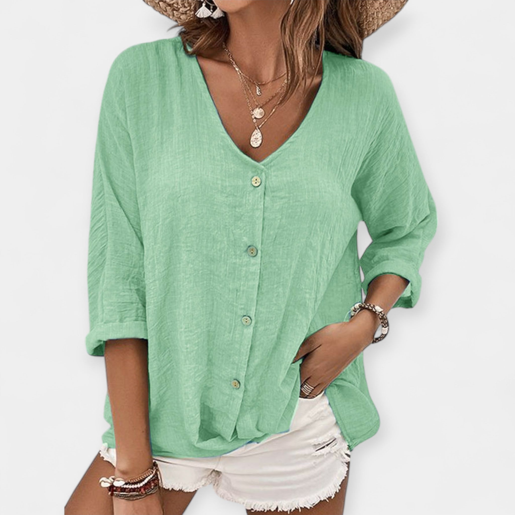 Lanena Bluza Plava S V Izrezom Za Dnevne Ležerne Stilove